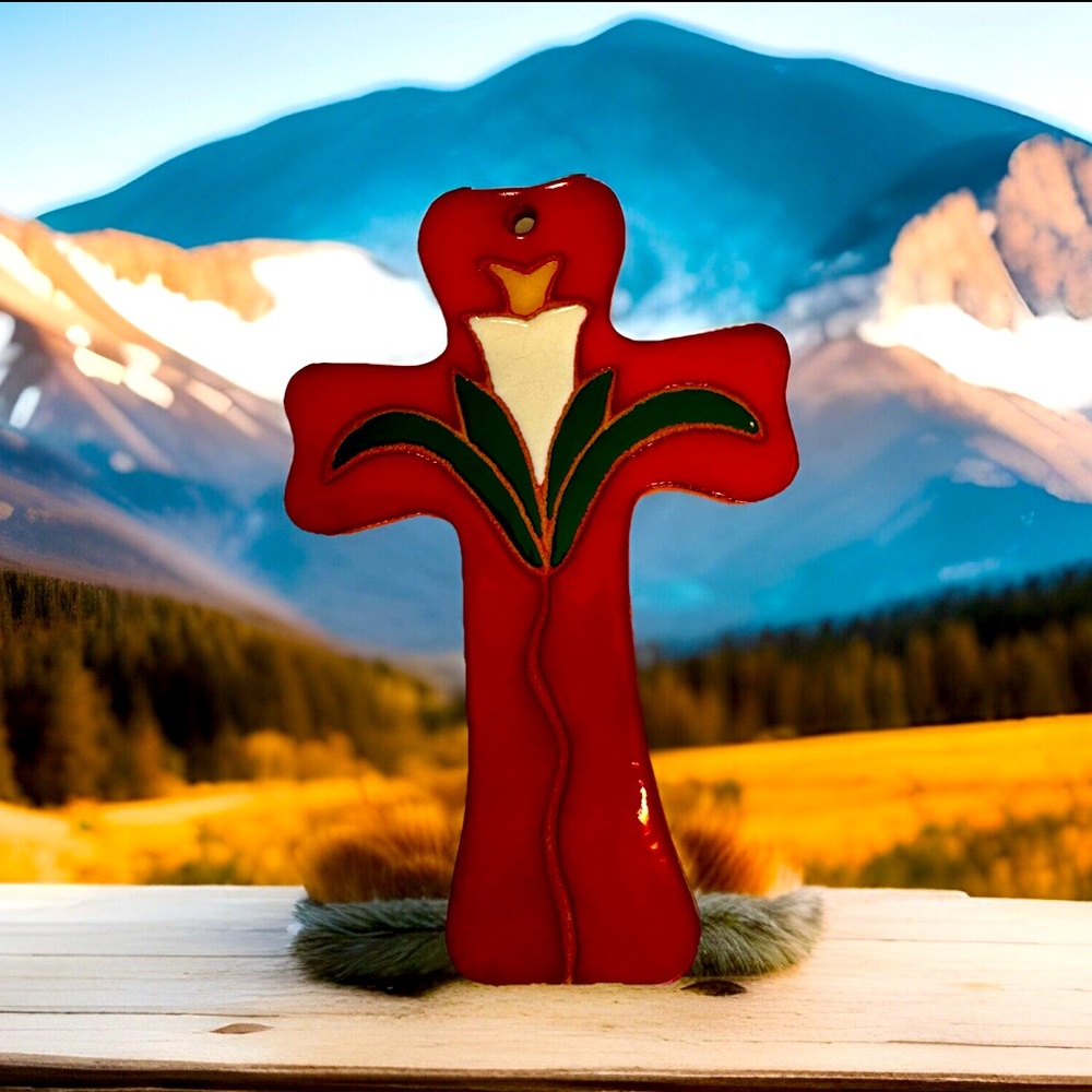 Hill Country Wall Art Tile Terracotta Pottery Glazed Cross Easter Lily Red
